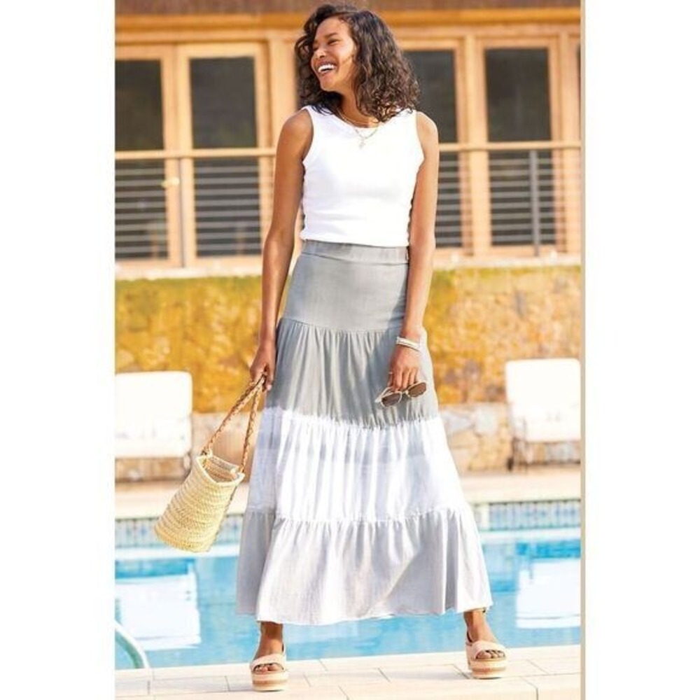 Michael Stars‎ Maxi Skirt Womens M Grey Tie Dye Tiered Boho Cotton Beachy